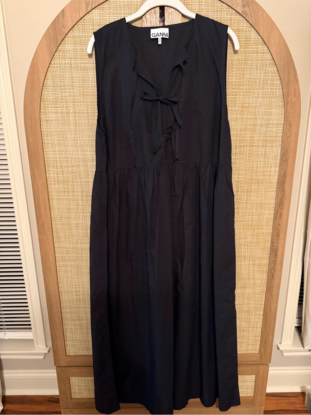 GANNI Cotton Poplin Long Tie String Dress Maxi in Black